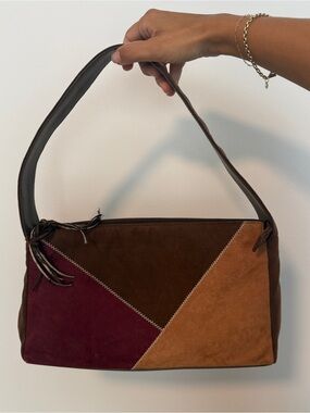 VTG 90s Y2K Patchwork Colorblock Suede Shoulder Bag Brown Maroon Tan Boho Unique